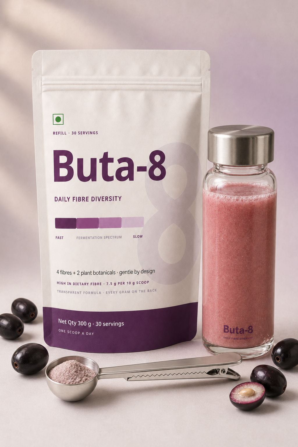 Buta-8 pouch with the glass shaker, steel scoop and jamun
