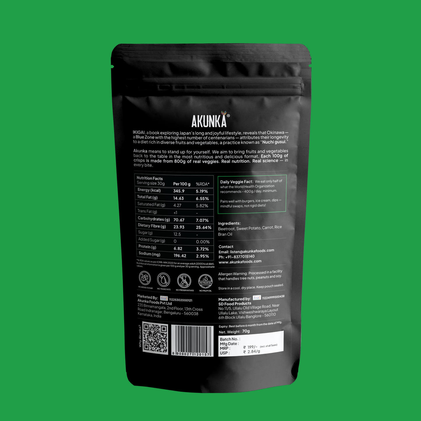 Crispy Roots Zero Unsalted 70g back pack -  nutrition label and FSSAI details