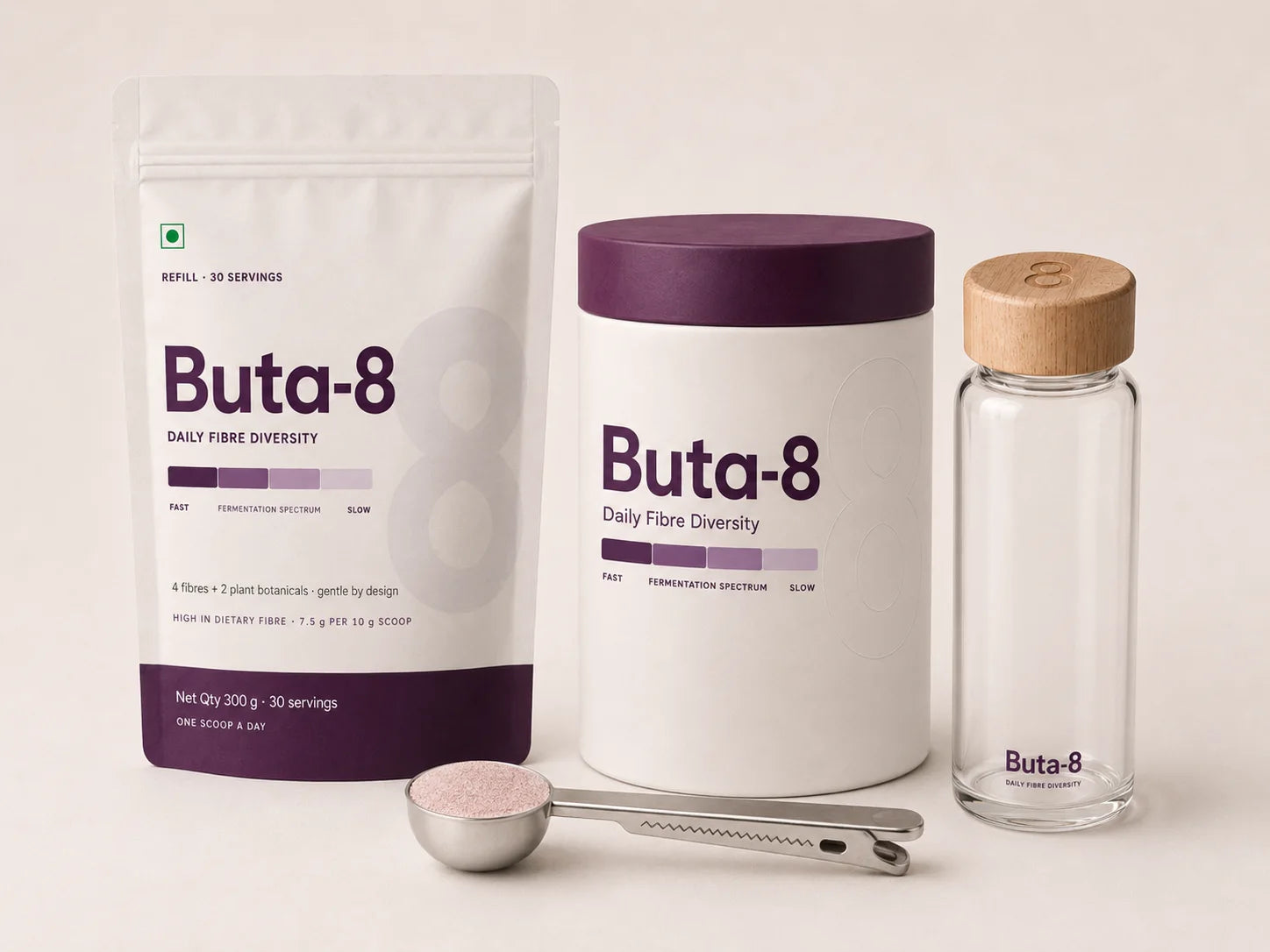 The Buta-8 founding kit — standup pouch, steel scoop-clip and shaker bottle