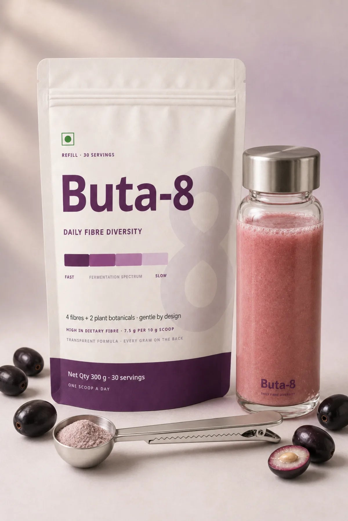 Buta-8 pouch with the glass shaker, steel scoop and jamun